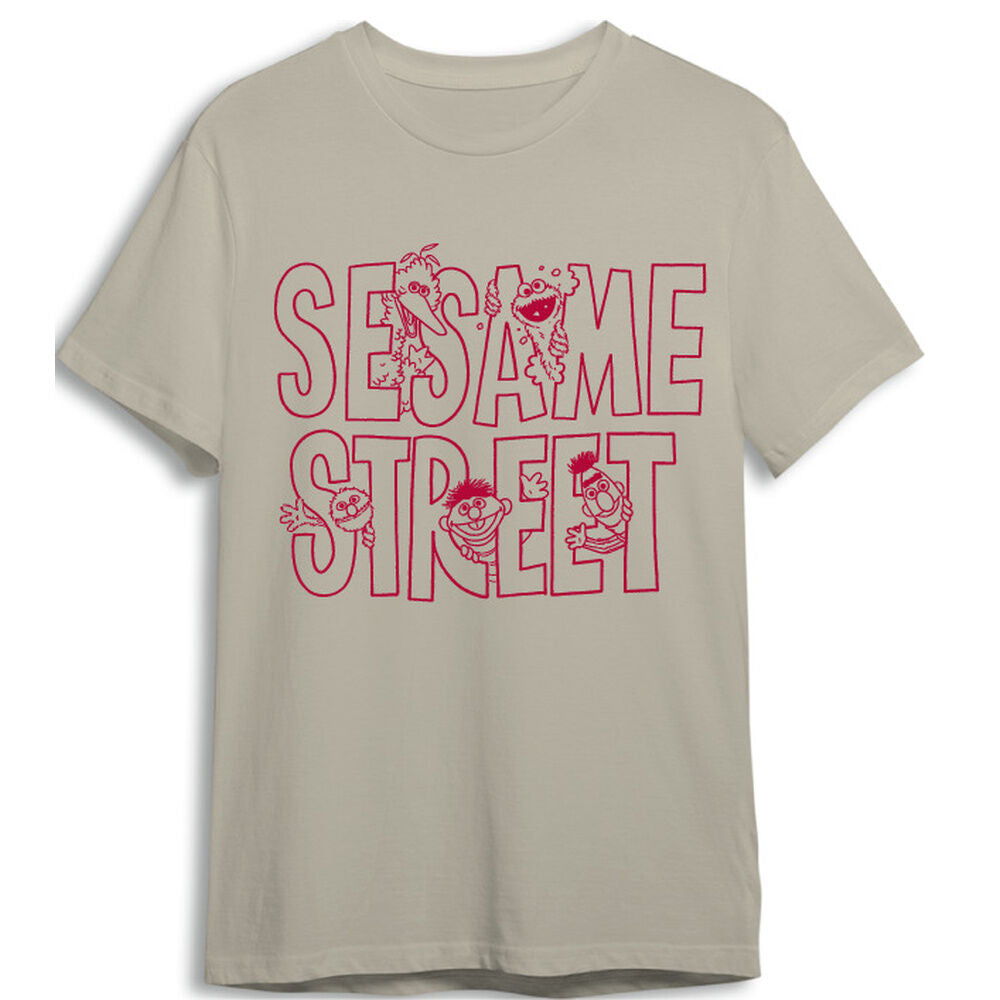 Camiseta beige de adulto de Barrio Sésamo con estampado rojo Sesame Street
