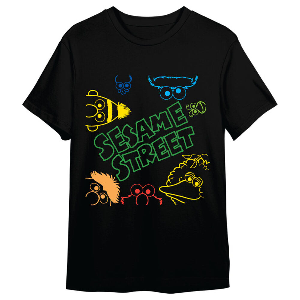 Camiseta negra de manga corta Barrio Sésamo con diseño Faces multicolor