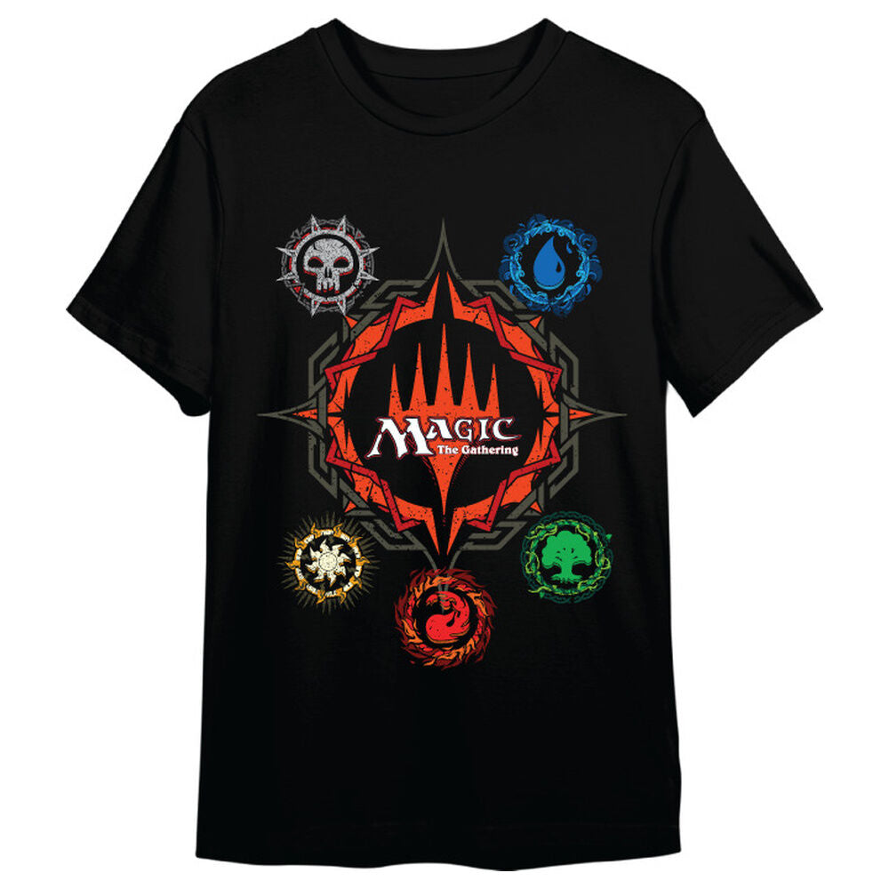 Camiseta negra Magic: The Gathering con símbolos de maná