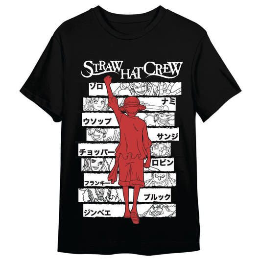 Camiseta negra de One Piece con Luffy y la Straw Hat Crew