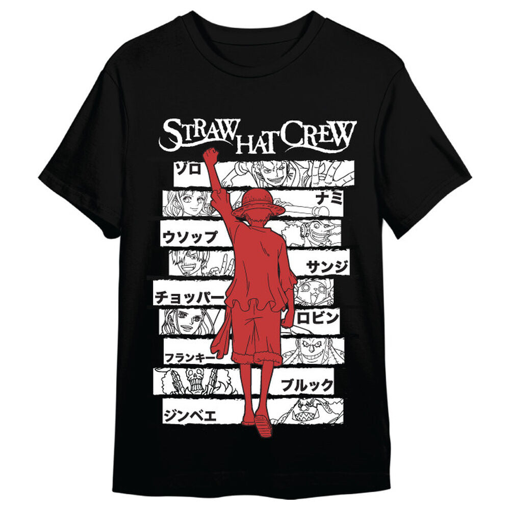 Camiseta negra de One Piece con Luffy y la Straw Hat Crew