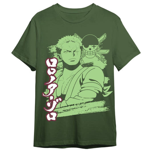 Camiseta verde de Roronoa Zoro de One Piece con estampado frontal