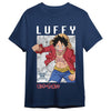 Camiseta azul marino de One Piece con Monkey D. Luffy y mapa