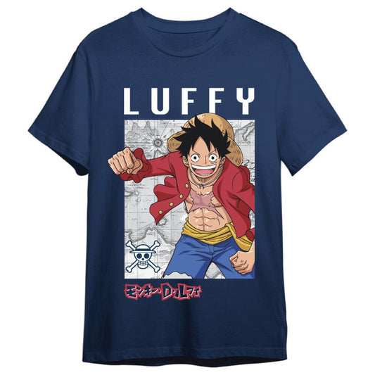 Camiseta azul marino de One Piece con Monkey D. Luffy y mapa