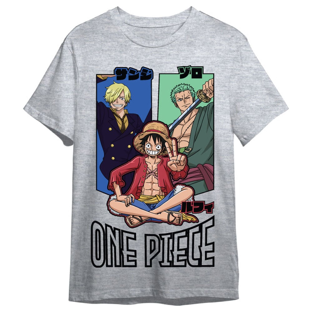 Camiseta gris de One Piece con Luffy, Zoro y Sanji - 4