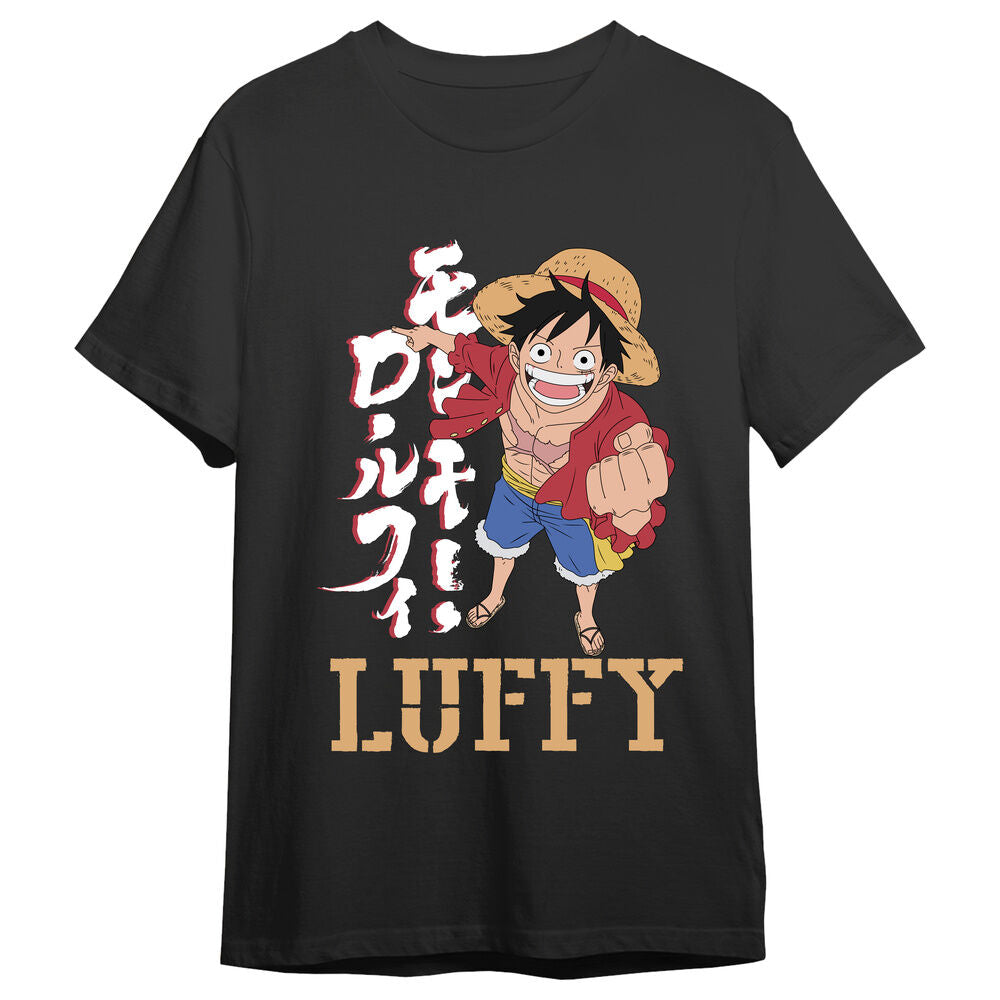 Camiseta negra de One Piece con ilustración de Monkey D. Luffy