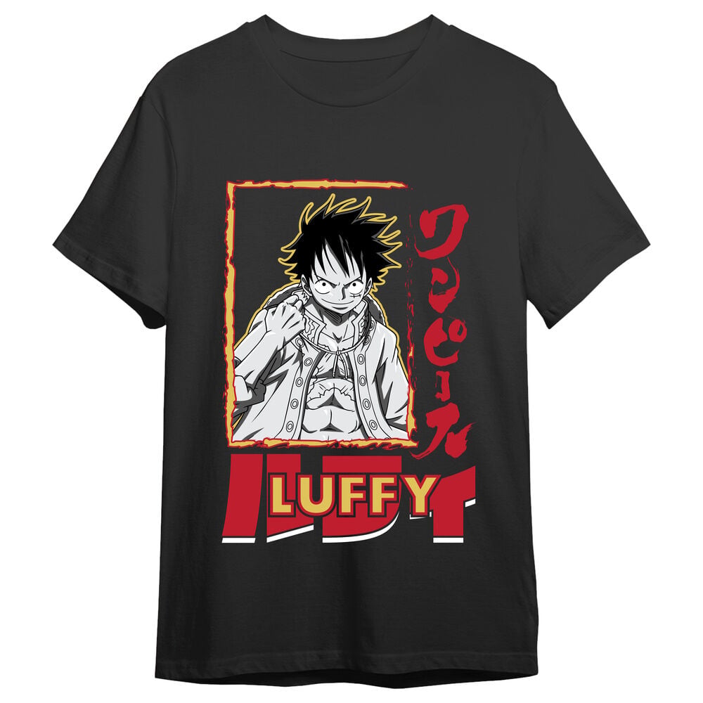 Camiseta negra de One Piece con ilustración frontal de Luffy