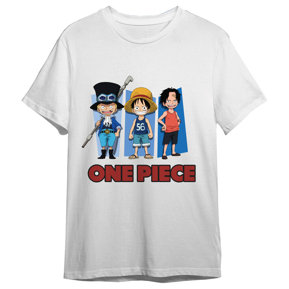 Camiseta blanca One Piece con Sabo, Luffy y Ace
