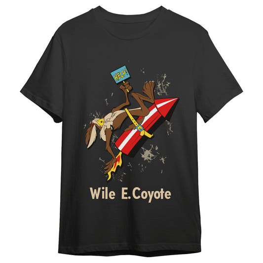 Camiseta negra de Wile E. Coyote de Looney Tunes sobre un cohete