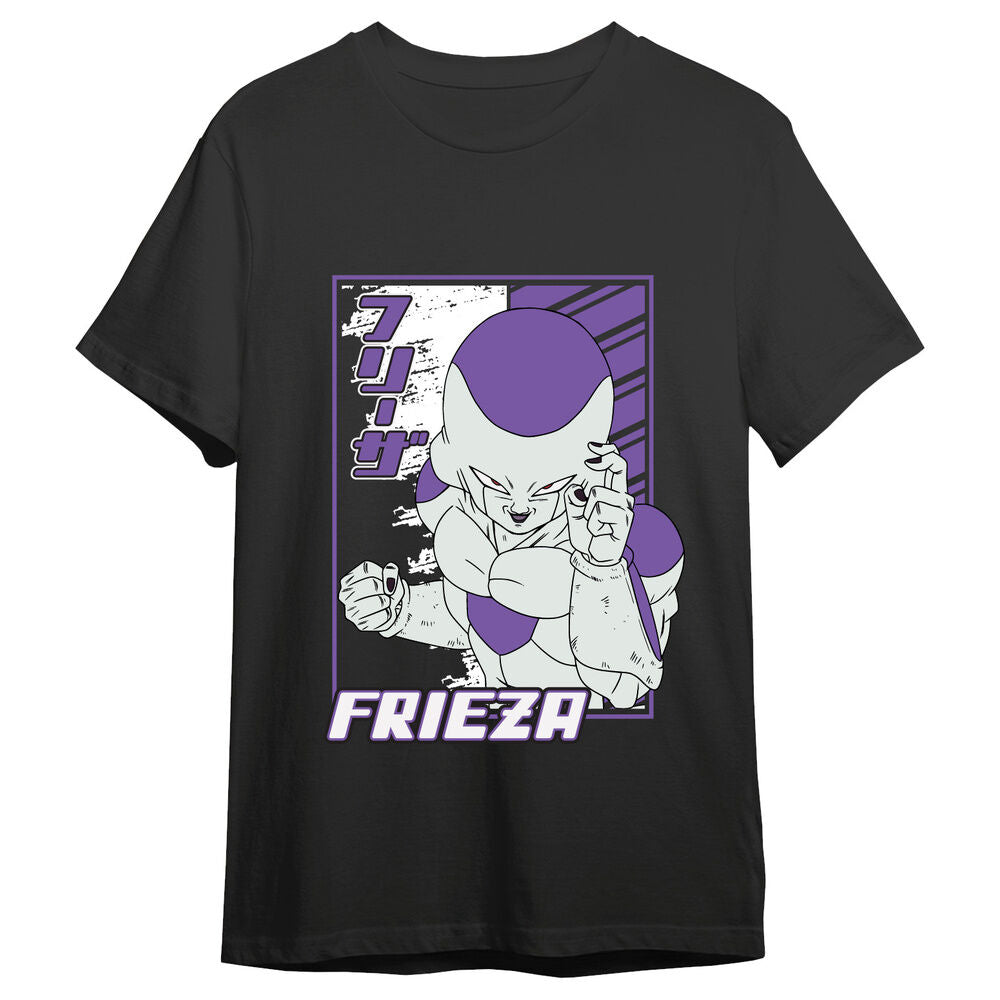 Camiseta negra de Frieza de Dragon Ball Super con diseño frontal en blanco y morado