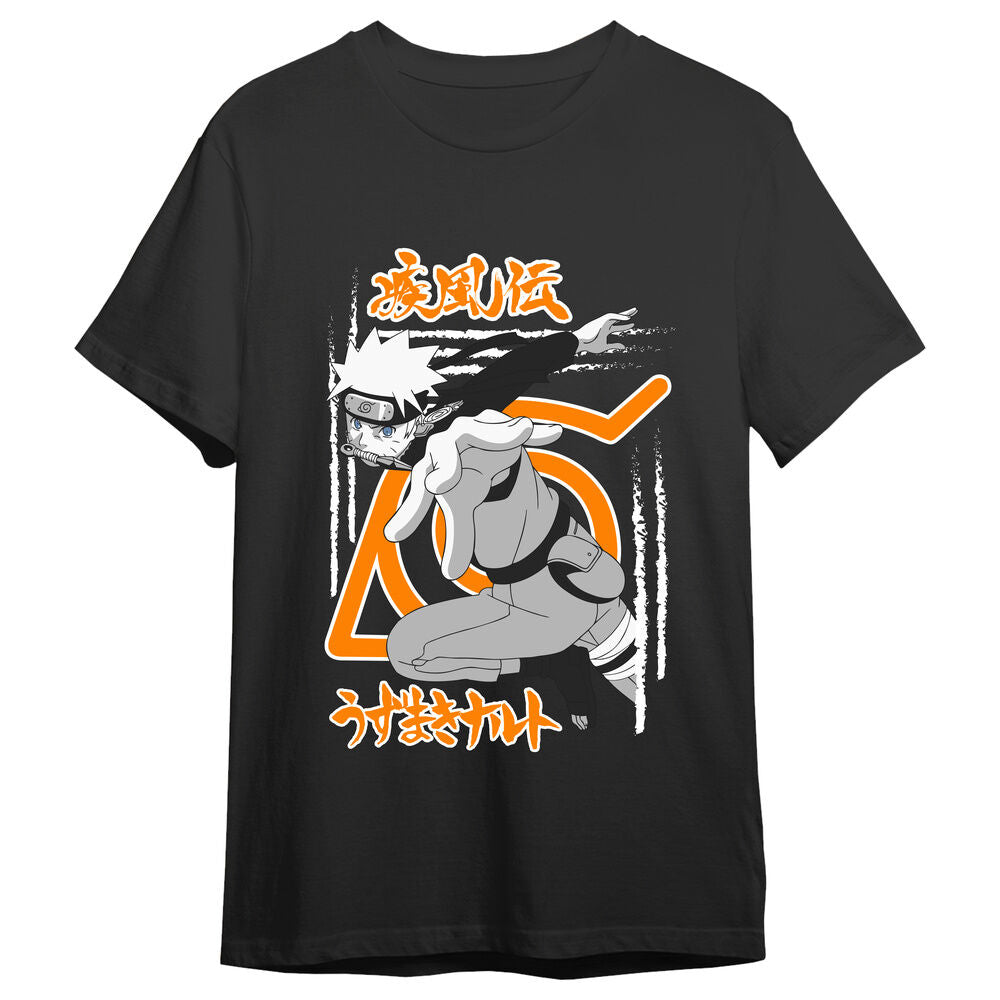 Camiseta negra Naruto Shippuden con ilustración frontal de Naruto