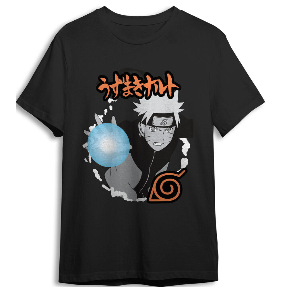 Camiseta negra de Naruto Shippuden con diseño frontal de Naruto
