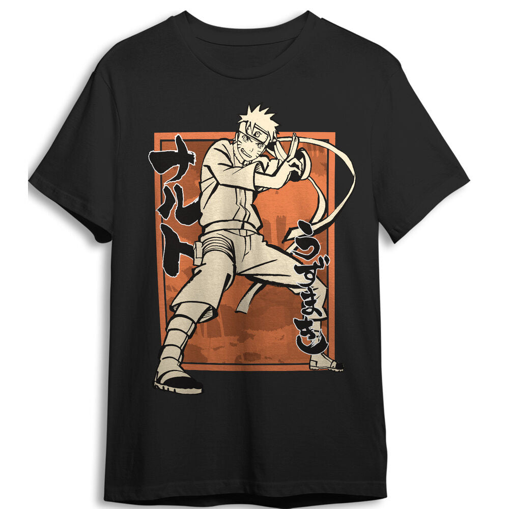 Camiseta negra Naruto Shippuden con Naruto en acción