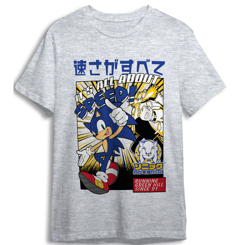 Camiseta gris de Sonic the Hedgehog con estampado frontal