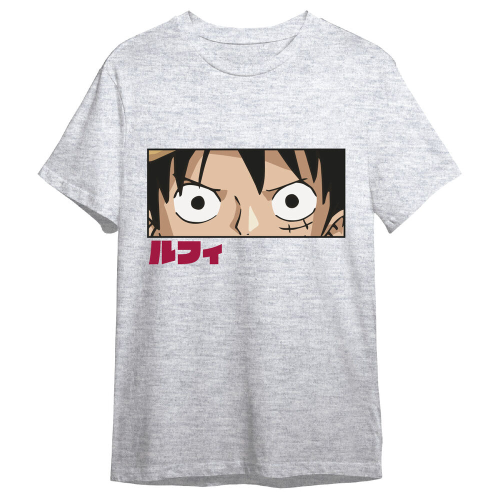 Camiseta gris de One Piece con rostro de Monkey D. Luffy