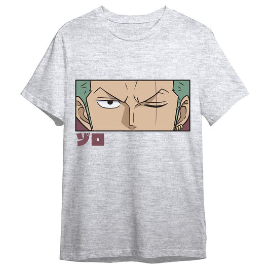 Camiseta gris de One Piece con diseño frontal de los ojos de Roronoa Zoro