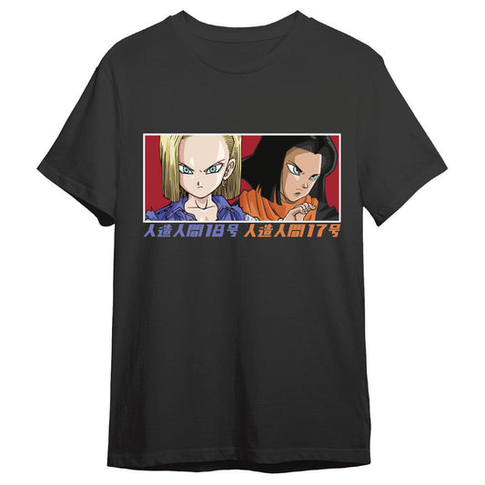 Camiseta negra de Dragon Ball Z con C18 y C17