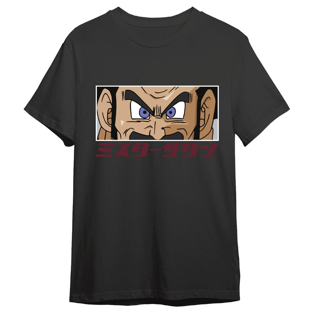 Camiseta negra de Mr. Satan de Dragon Ball Z con estampado frontal