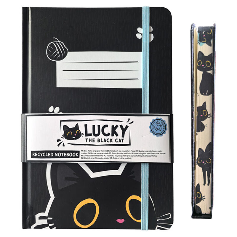 Libreta A5 Lucky the Black Cat negra con gato y goma elástica azul