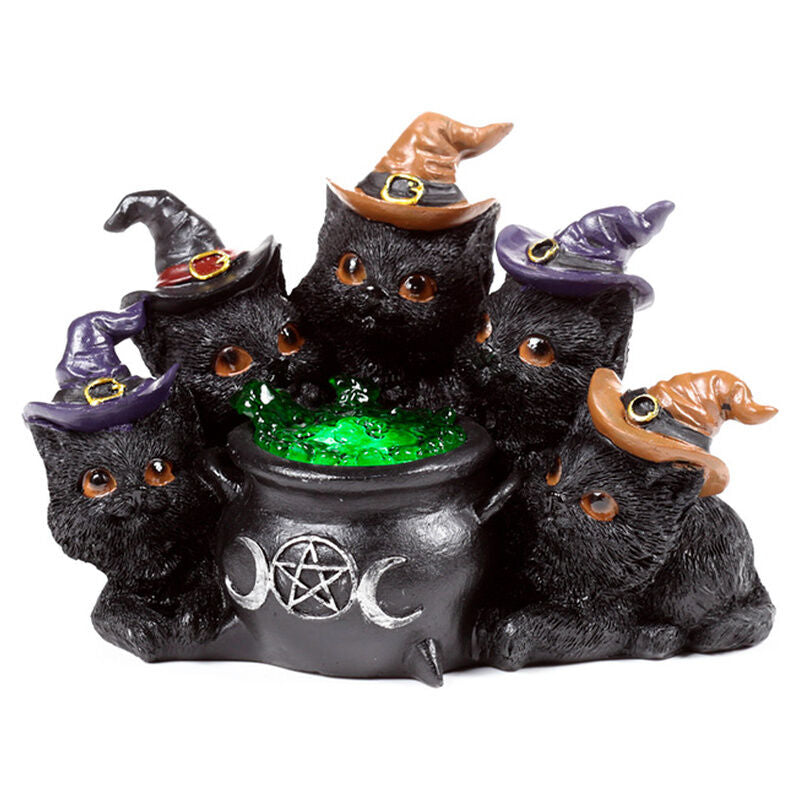 Figura de gatos negros con sombreros de bruja y caldero LED verde
