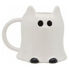 Taza blanca de cerámica con forma de gato fantasma y detalles negros