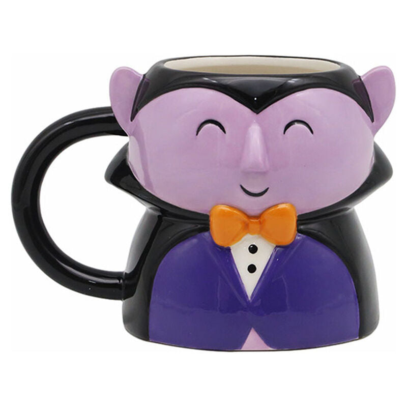 Taza Drácula Spooky morada con capa negra y pajarita naranja