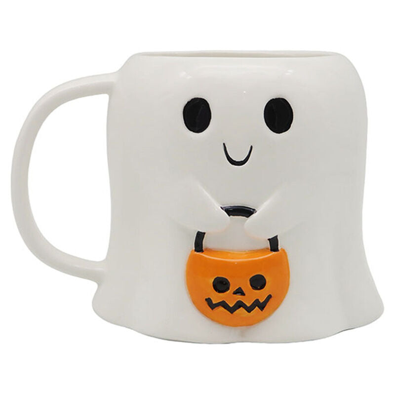 Taza blanca con forma de fantasma y calabaza naranja de Halloween