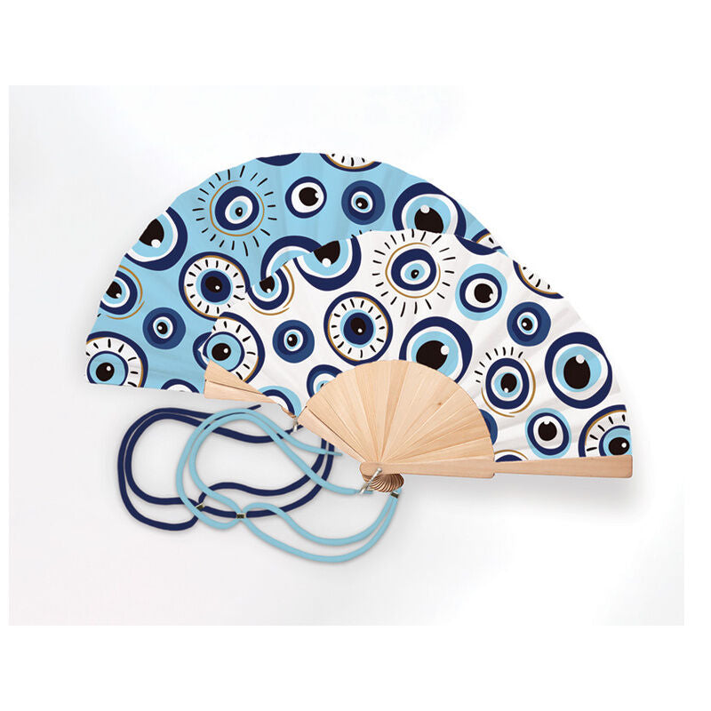 Abanico plegable Ojo Turco azul y blanco con varillas de madera