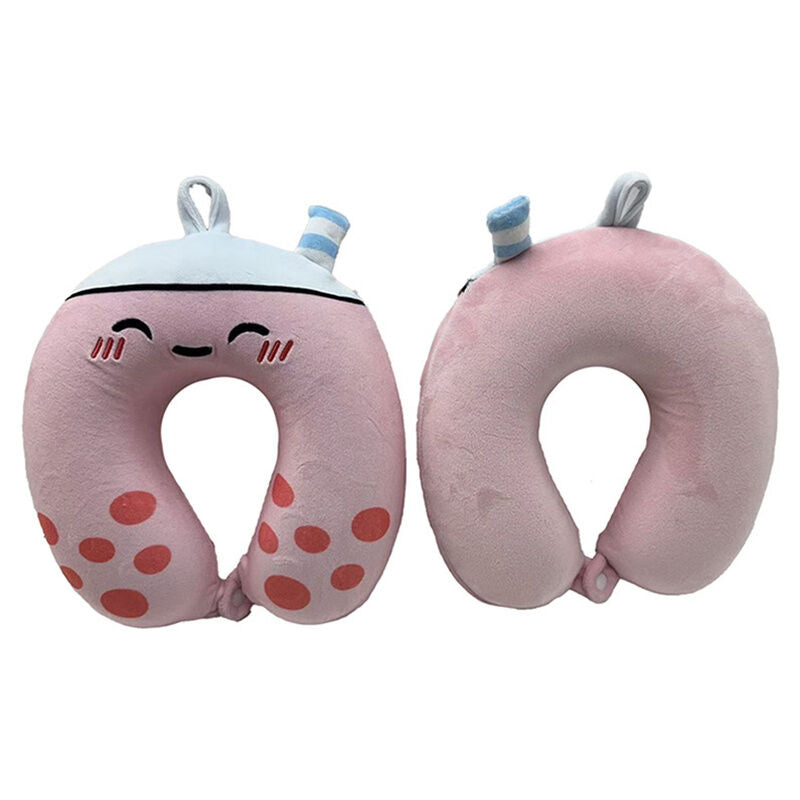 Almohada de viaje rosa en forma de U con diseño de té con burbujas