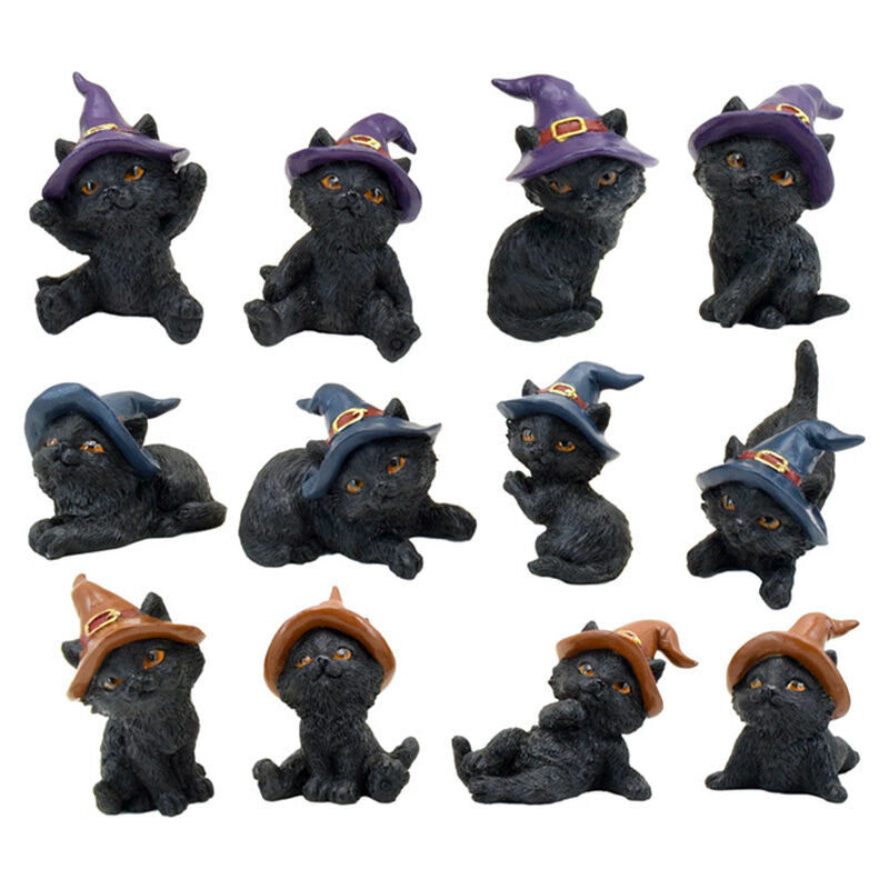 Figura de gato negro con sombrero de bruja en resina