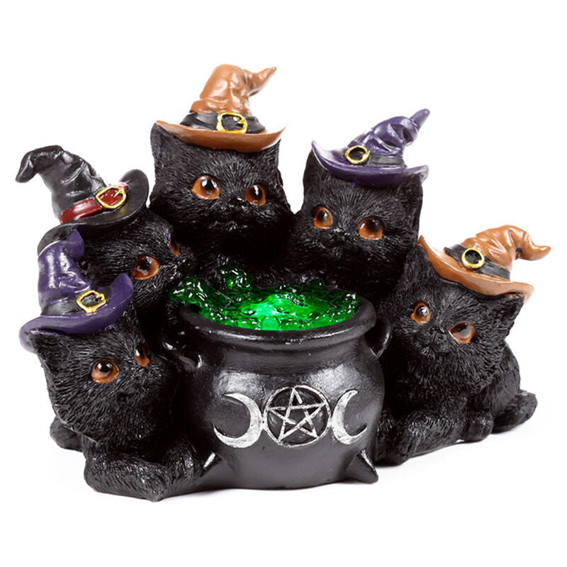 Figura de gatos negros con sombreros de bruja y caldero LED verde - 2