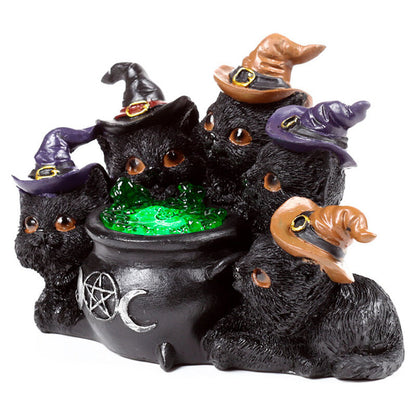 Figura de gatos negros con sombreros de bruja y caldero LED verde - 3