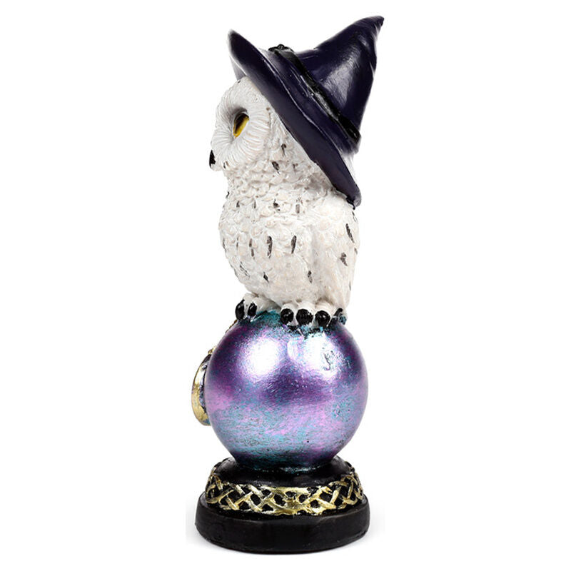 Figura de búho mágico sabio de resina con sombrero negro y detalles morados - 5
