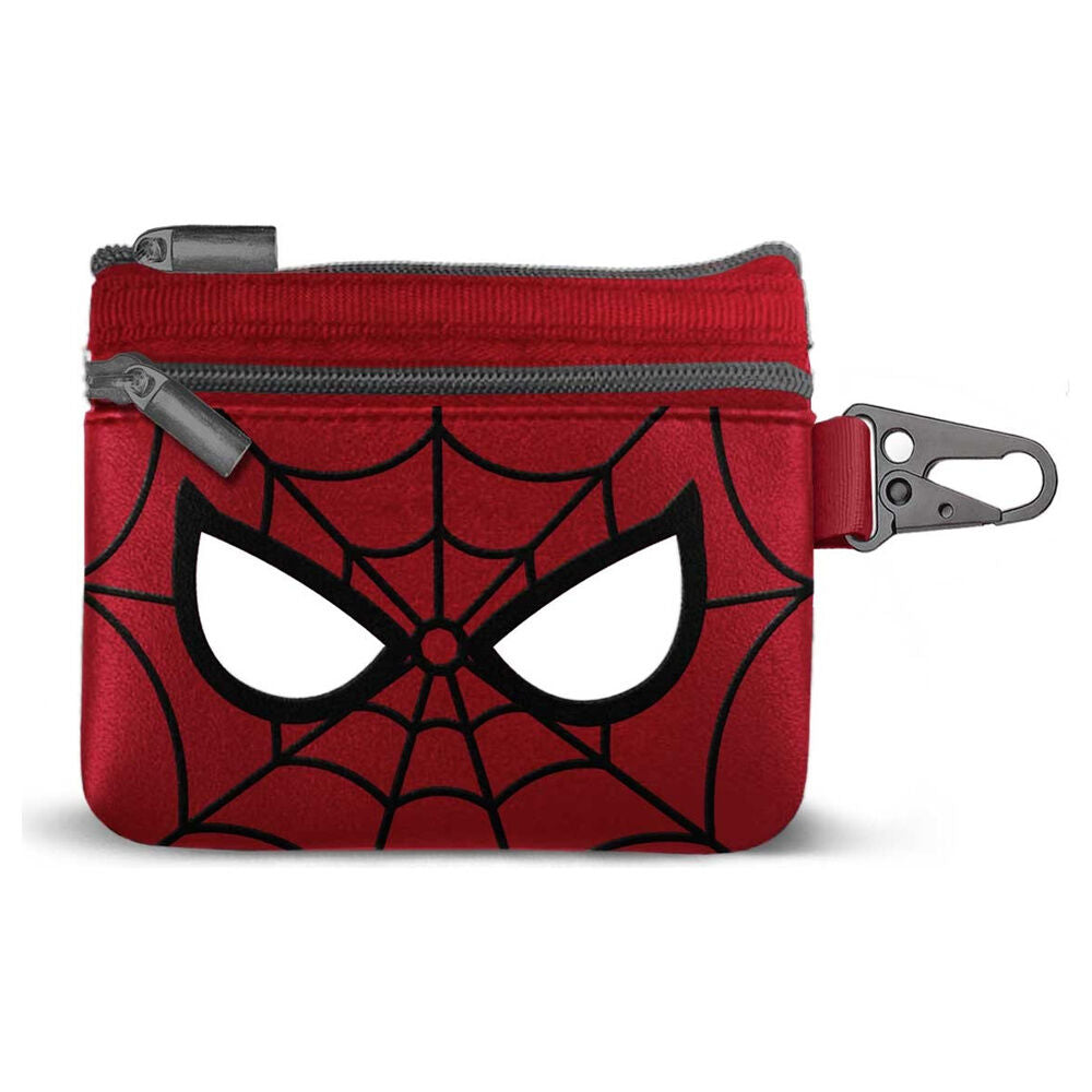 Monedero rojo de Spider-Man Marvel con telaraña, dos cremalleras y mosquetón