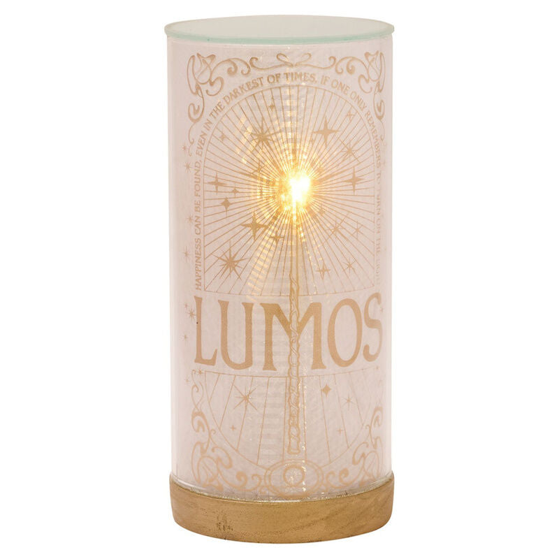 Lámpara tubular Lumos de Harry Potter con base de madera y luz LED