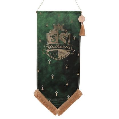 Banderín verde y dorado de Slytherin con escudo de Harry Potter