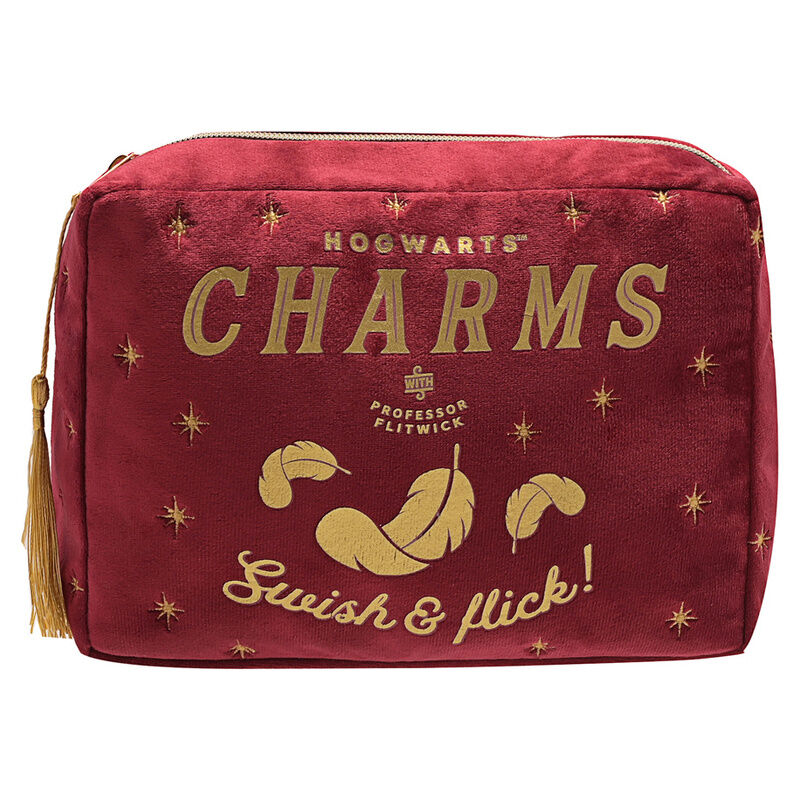Neceser rojo Harry Potter Hogwarts Charms con plumas doradas y borla