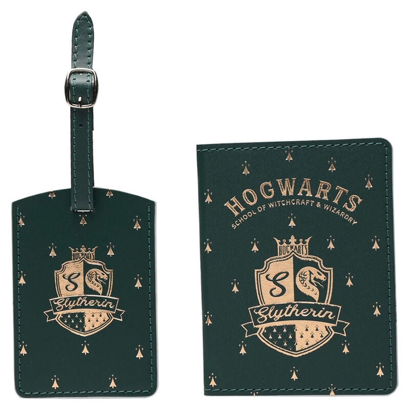 Set Slytherin de portapasaportes y etiqueta de equipaje verde