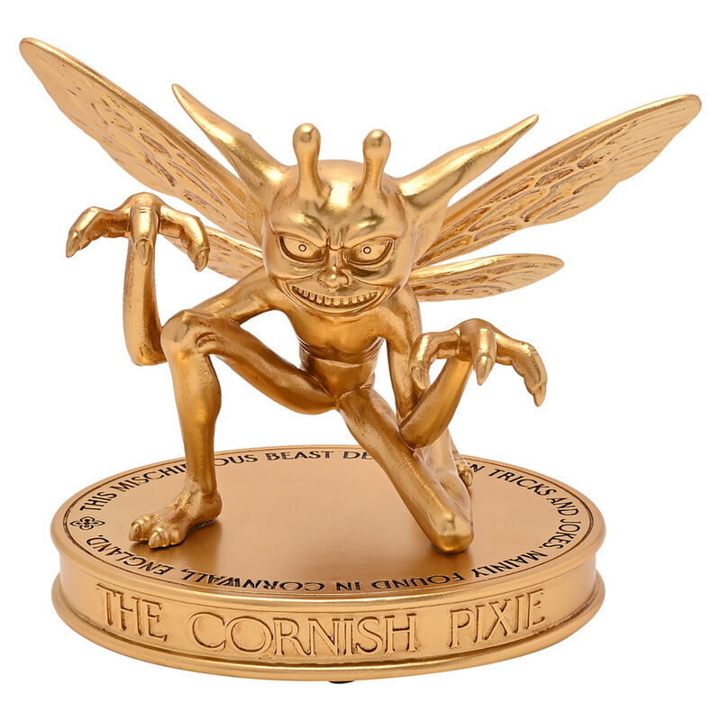 Figura dorada del Duendecillo de Cornualles de Harry Potter sobre base circular