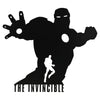 Placa de pared negra con silueta de Iron Man y texto THE INVINCIBLE