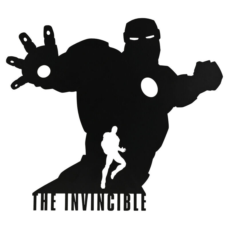 Placa de pared negra con silueta de Iron Man y texto THE INVINCIBLE