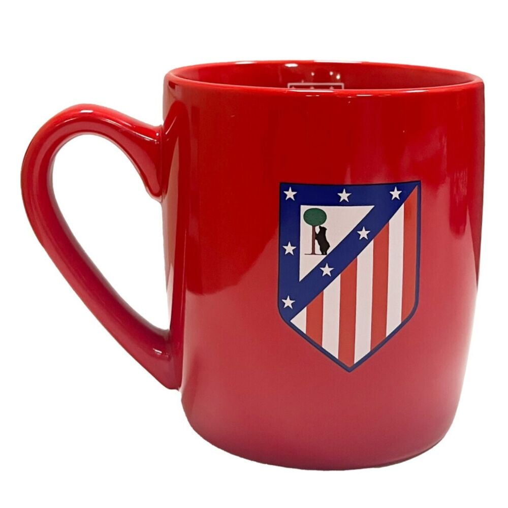 Taza roja de cerámica del Atlético de Madrid con escudo