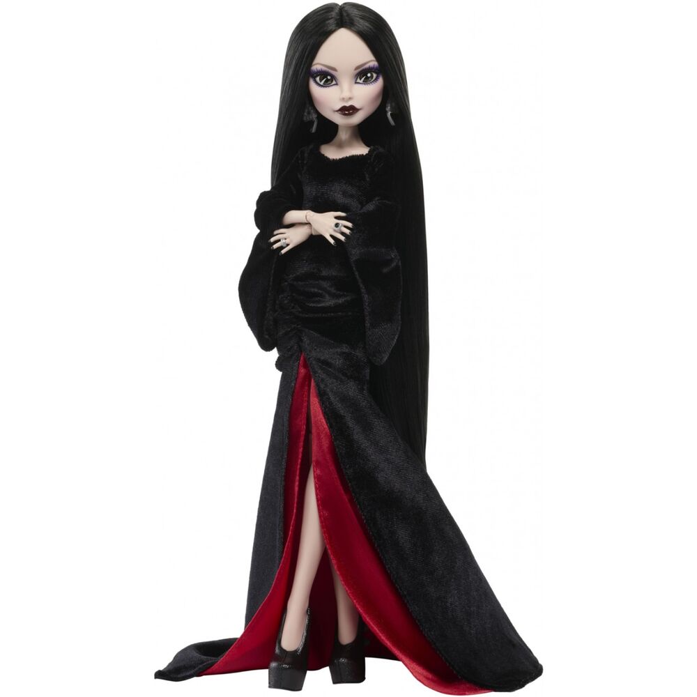 Muñeca Morticia Wednesday de Monster High con vestido negro y rojo