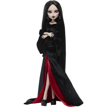 Muñeca Morticia Wednesday de Monster High con vestido negro y rojo