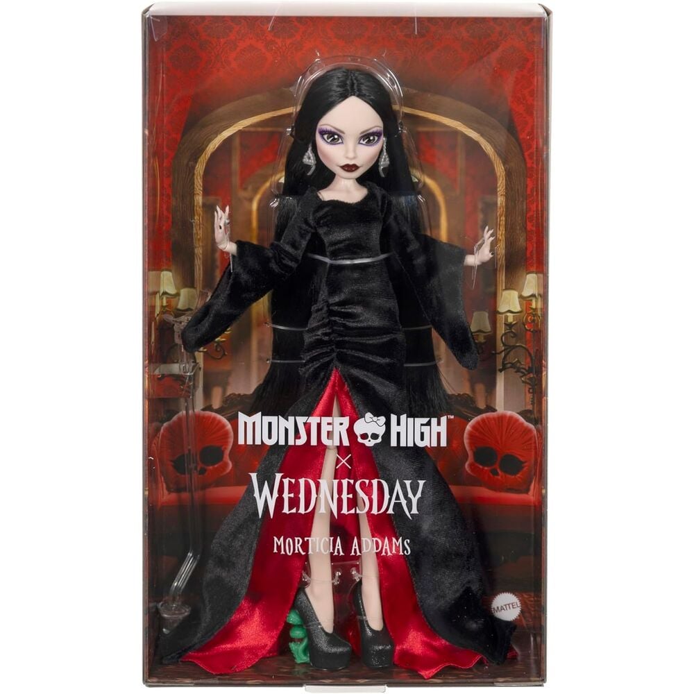 Muñeca Morticia Wednesday de Monster High con vestido negro y rojo - 7