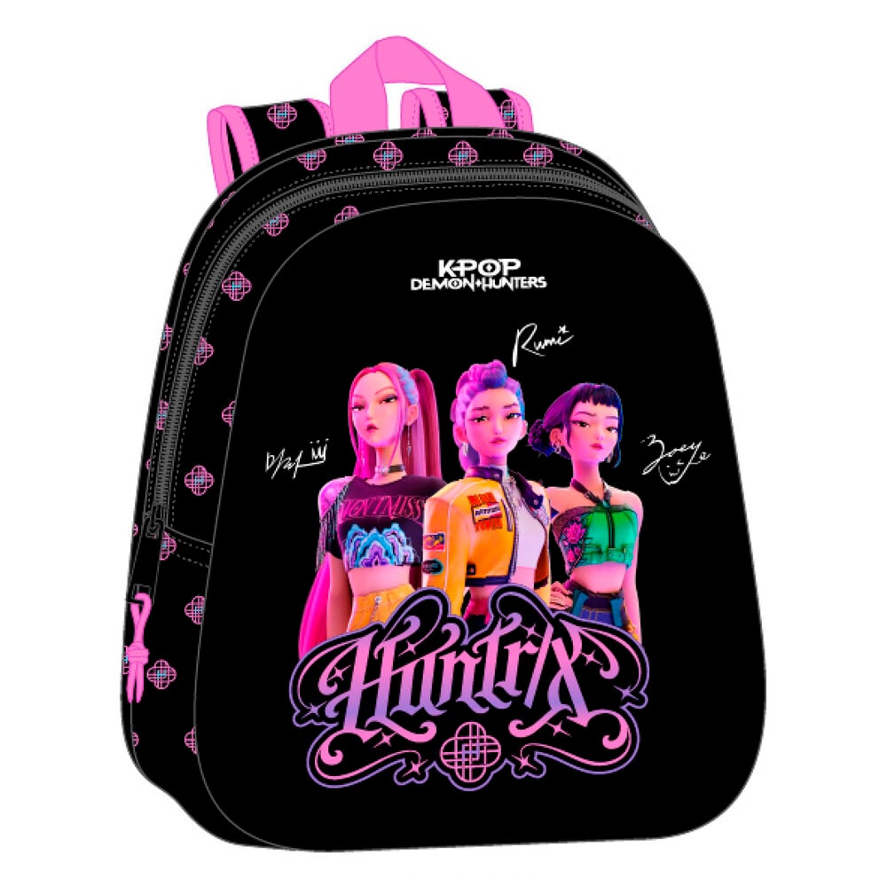 Mochila negra 3D KPop Demon Hunters con personajes en el frontal