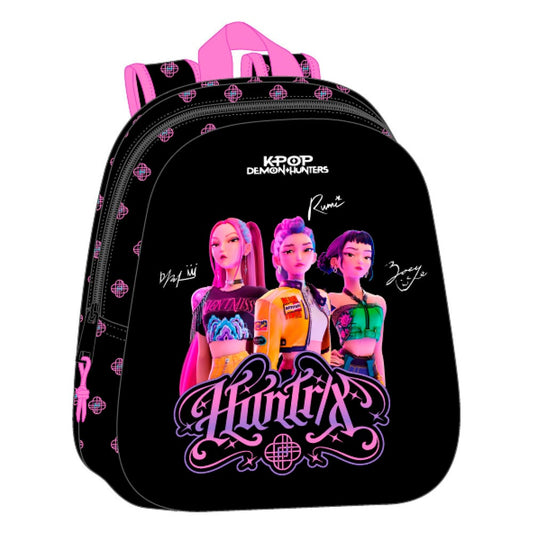 Mochila negra 3D KPop Demon Hunters con personajes en el frontal