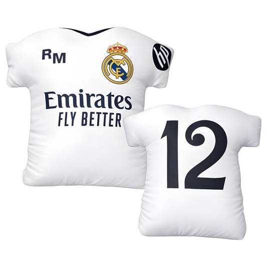 Cojín 3D blanco con forma de camiseta del Real Madrid y dorsal 12