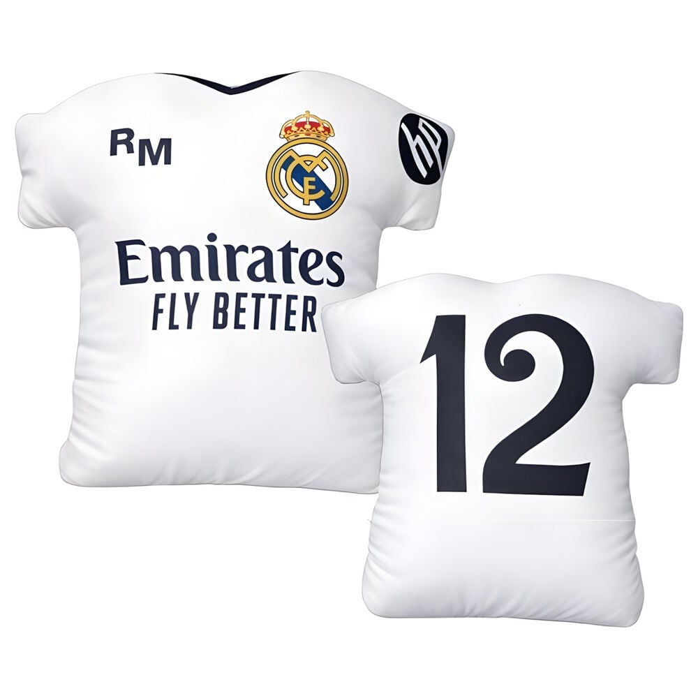 Cojín 3D blanco con forma de camiseta del Real Madrid y dorsal 12