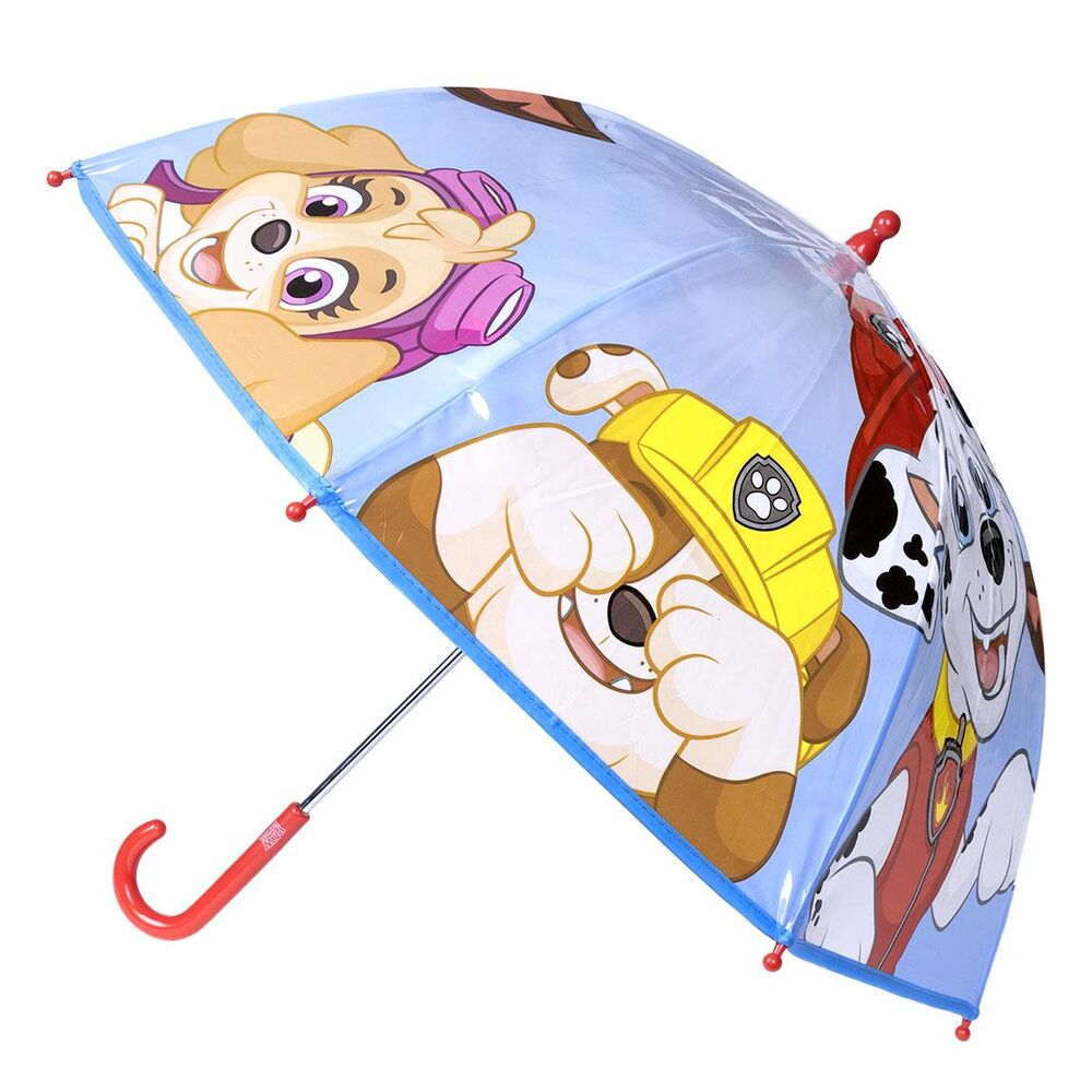Paraguas burbuja transparente de Paw Patrol con personajes y mango rojo